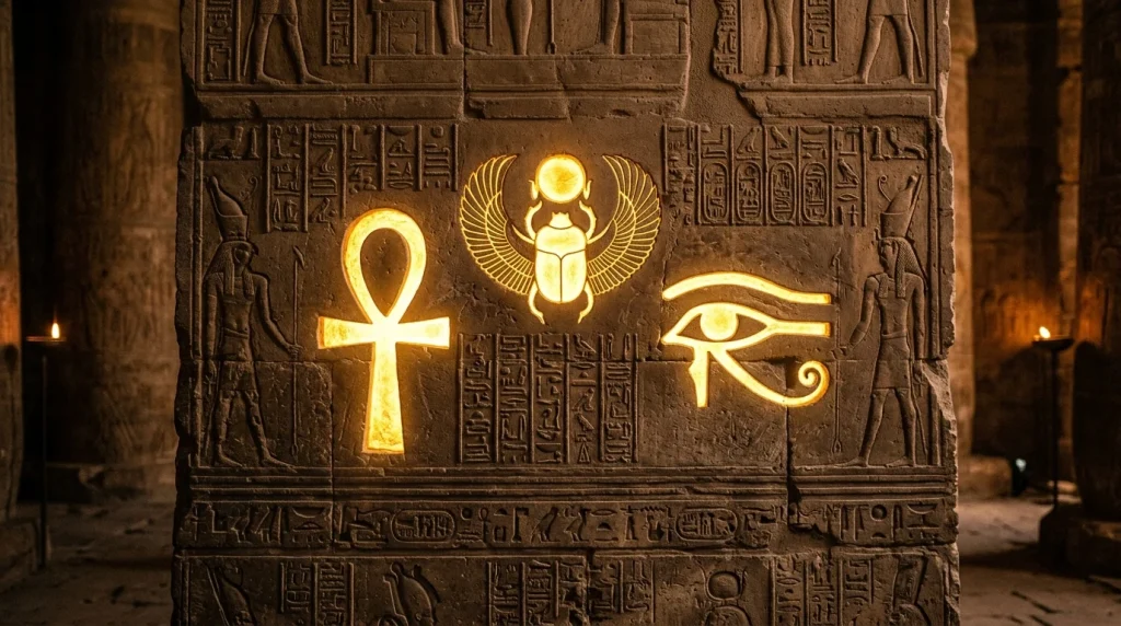 Staroegyptské posvátné symboly života Ankh a Horovo oko (Obrázek vygenerovaný umělou inteligencí)