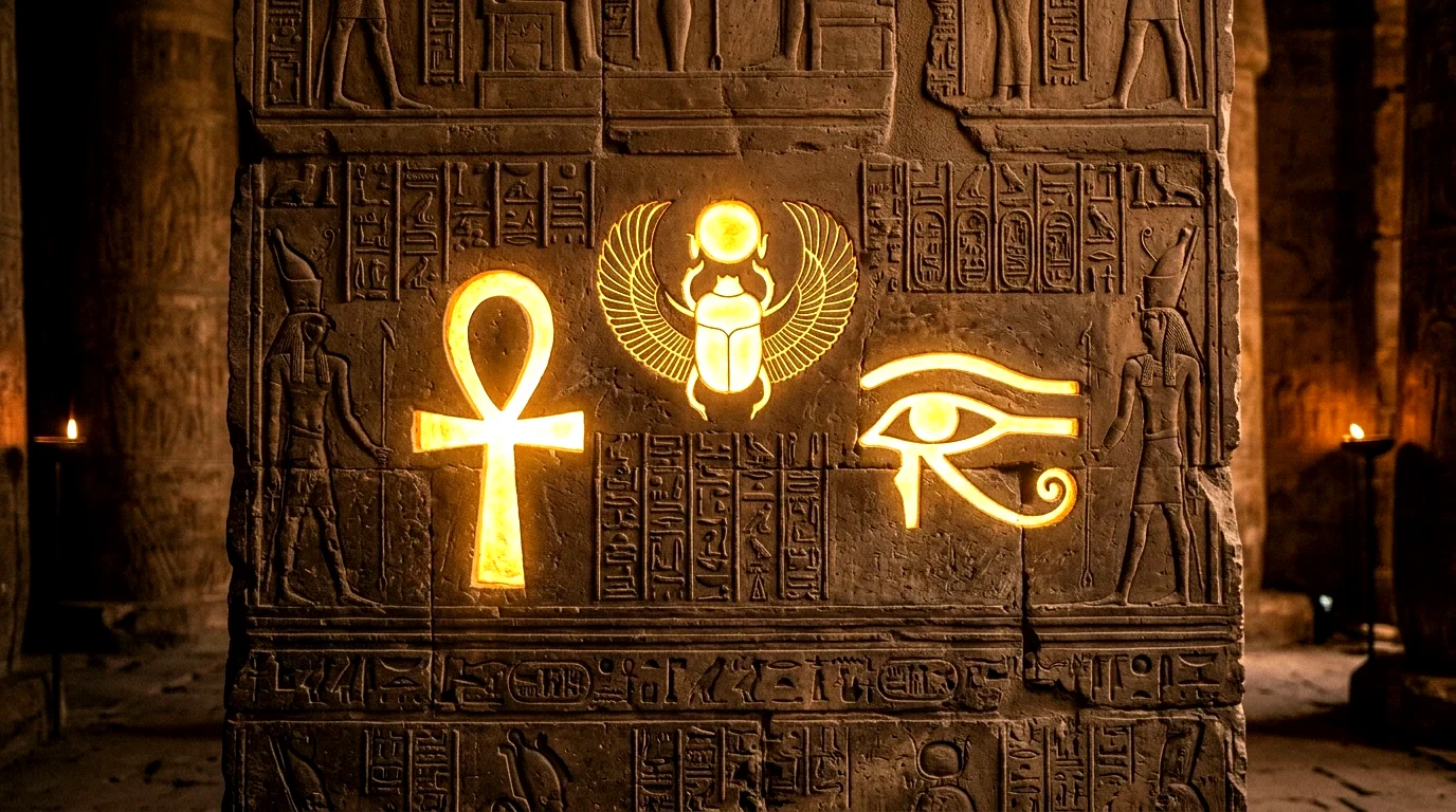 Egyptské symboly a motivy pro tetování: Význam Ankhu, Anubise, Horova oka a hieroglyfů 1 Staroegyptské symboly a motivy pro tetování (Obrázek vygenerovaný umělou inteligencí)