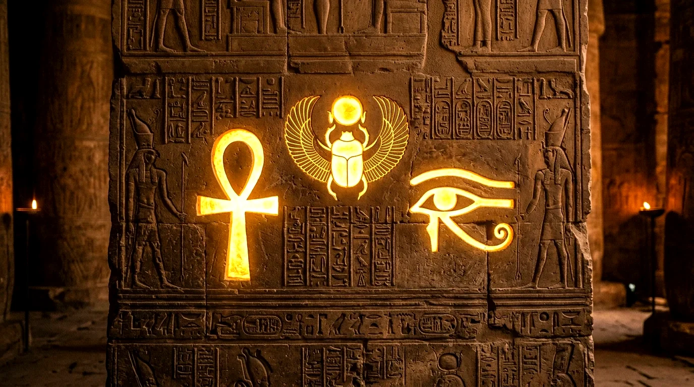 Egyptské symboly nesmrtelnosti a věčného života: Faraonské rituály, amulety a Kniha mrtvých 1 Staroegyptské symboly věčného života a Kniha mrtvých (Obrázek vygenerovaný umělou inteligencí)