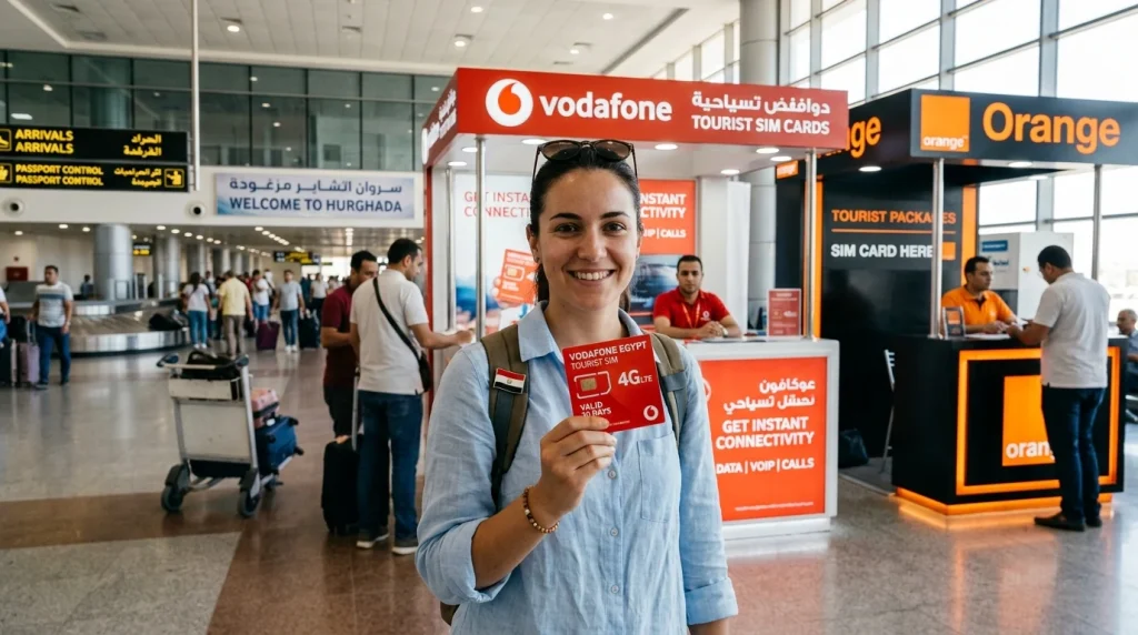 Turistická SIM karta na letišti v Egyptě pro internet a data (Obrázek vygenerovaný umělou inteligencí)