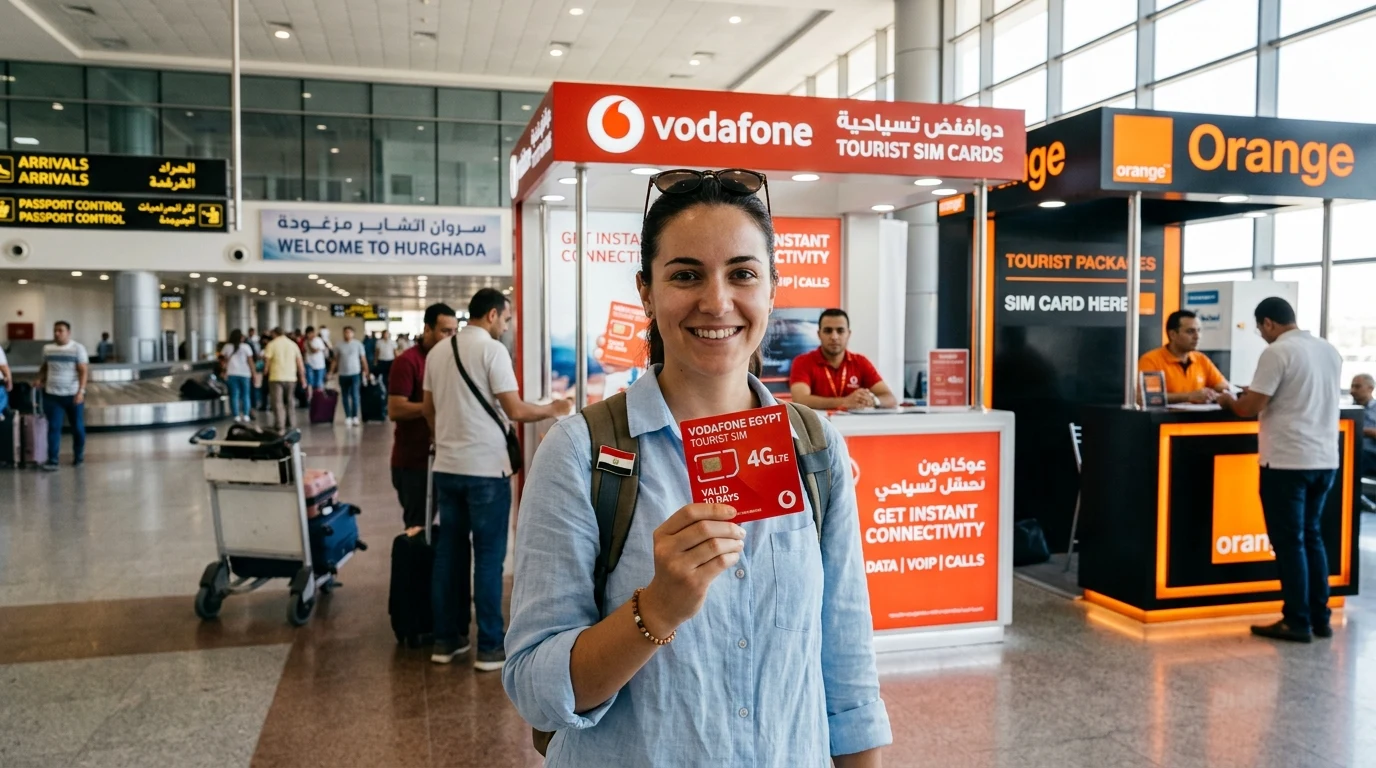 Kde koupit SIM kartu v Egyptě: Letiště Hurghada vs Marsa Alam, srovnání operátorů Vodafone, Orange, WE a e-SIM 1 Turistická SIM karta na letišti v Egyptě pro internet a data (Obrázek vygenerovaný umělou inteligencí)