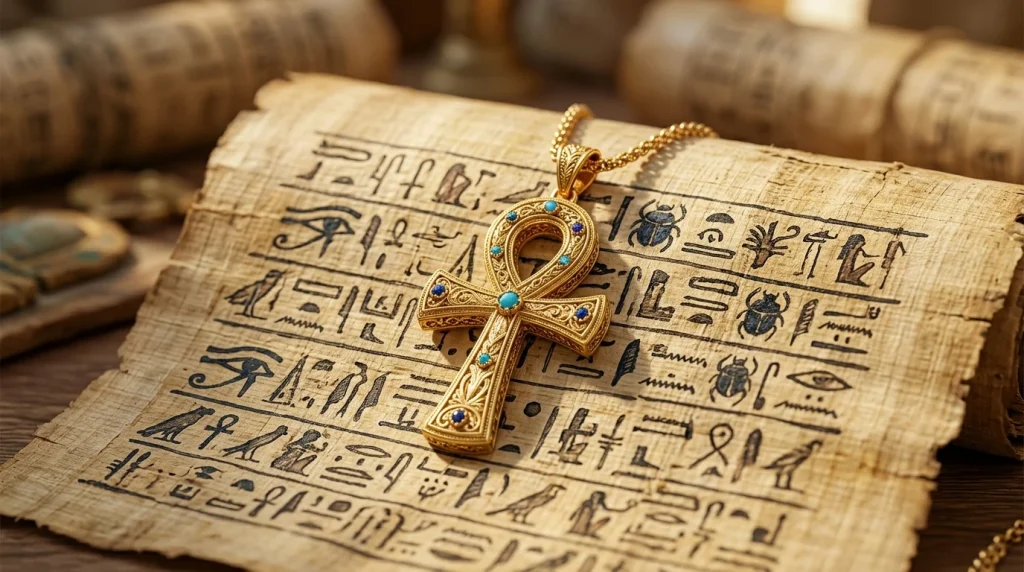 Kříž života Ankh jako šperk: Význam egyptského symbolu, kde koupit a jak vybrat pravé zlato a stříbro 9 Zlatý přívěsek egyptského kříže života Ankh na papyru (Obrázek vygenerovaný umělou inteligencí)