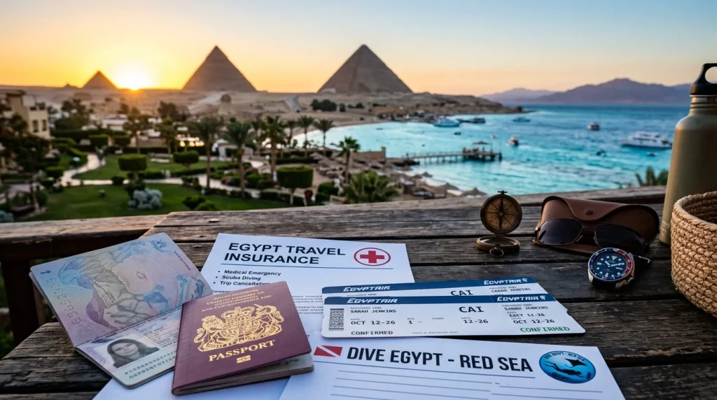 Cestovní pojištění do Egypta: Na co si dát pozor, krytí léčebných výloh, potápění a záchranná služba 7 Cestovní pojištění do Egypta s pasem a letenkami (Obrázek vygenerovaný umělou inteligencí)